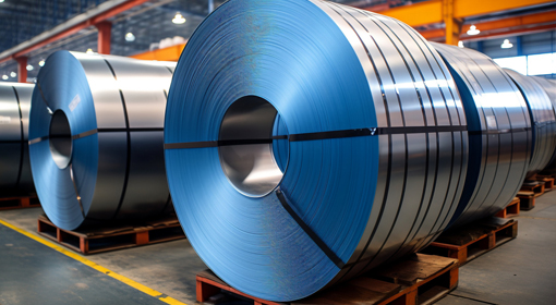 Coils of steel materials, showcasing DELTA CAINA's commitment to using high-quality raw materials in furniture hardware manufacturing.